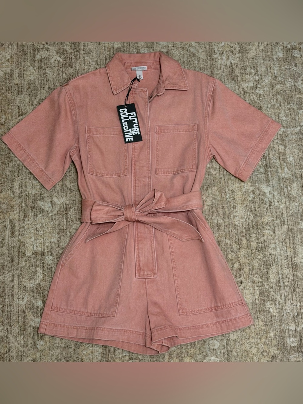 NWT Future Collective Short Sleeve Rose Pink/ Mauve Denim Romper Size XS